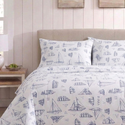 Nautica - Juego de sábanas de algodón percal con Funda de Almohada a Juego, elástico, Esenciales para recámara (Azul Vela de Madera Blanca)