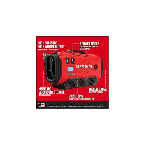 CRAFTSMAN Inflador Neumáticos Compresor Aire Portátil V20 3 Modos: Inalámbrico 120V 12V Rojo