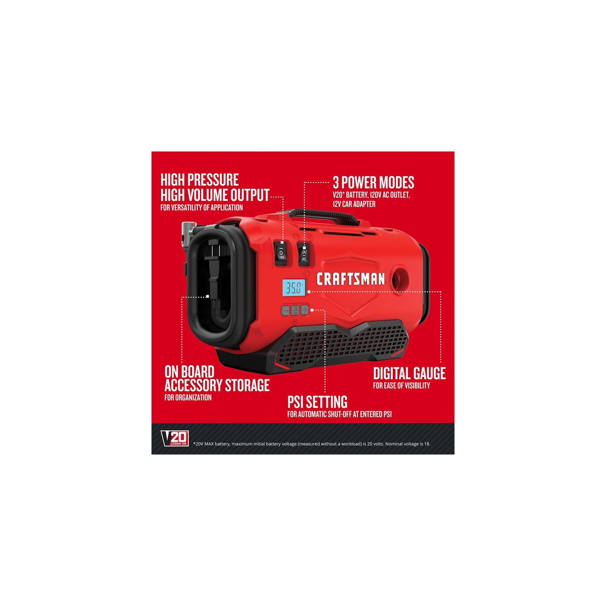 CRAFTSMAN V20 Inflador de neumáticos, compresor de aire portátil, 3 modos: sin cable, cable de 120 V y adaptador de coche de 12 V, bomba de aire, batería se vende por separado (CMCE520B)