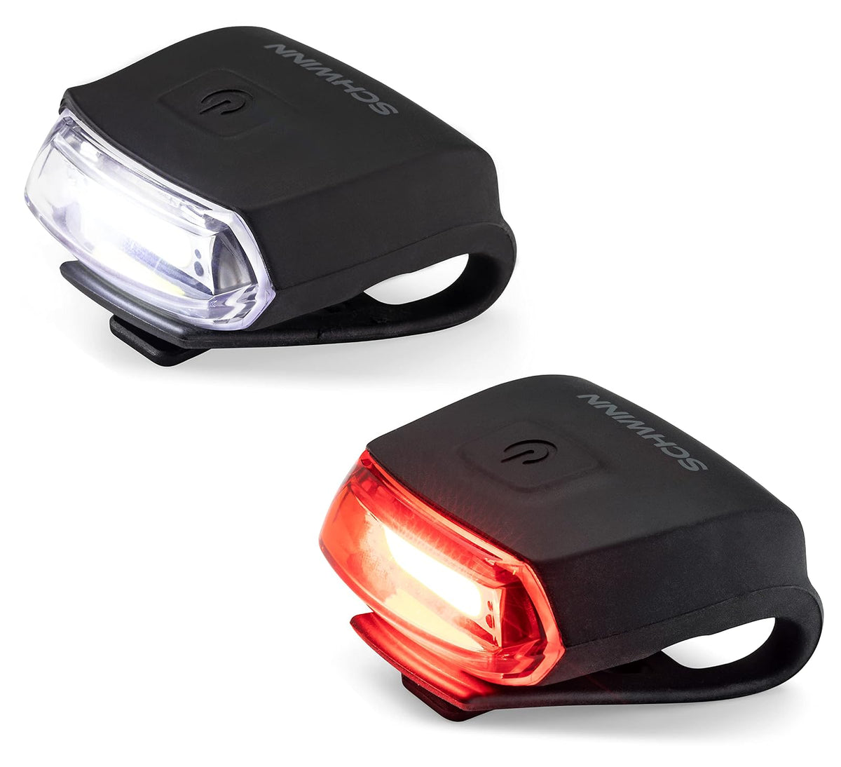 Schwinn - Juego de Luces LED para Bicicleta, Faros Delanteros Recargables por USB y luz Trasera Que Funciona con Pilas, con Correa de Silicona de Montaje sin Herramientas, Pieza de Bicicleta y