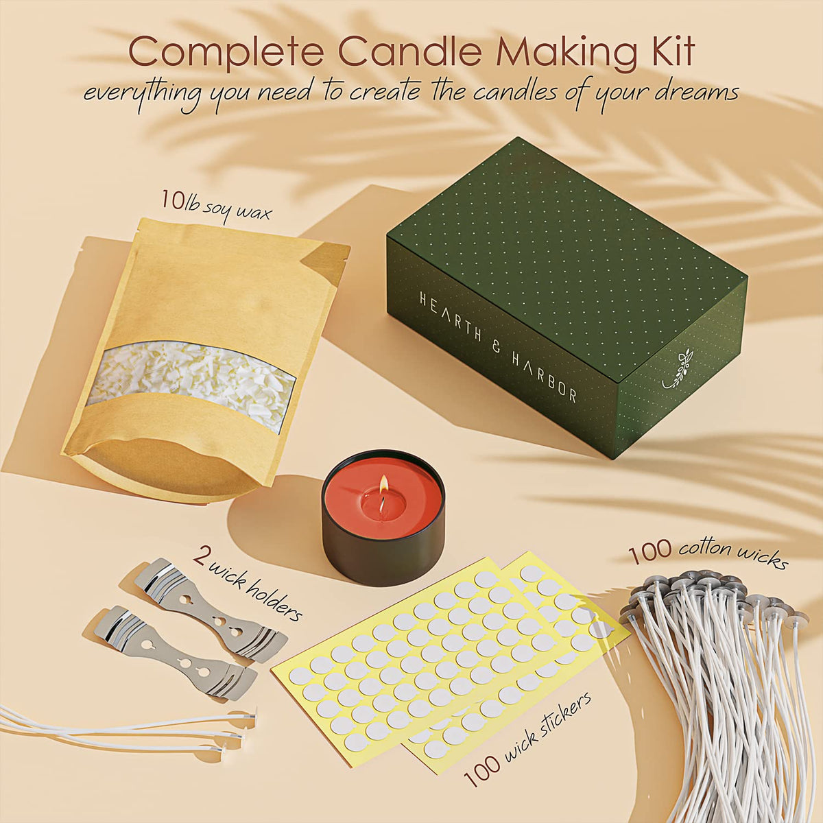 Hearth & Harbor - Bolsa de 4.53 kg Cera de Soya para Velas para Hacer Velas, Hojuelas de Cera de Soya Natural Premium, 100 Mechas de Algodón, 100 Pegatinas para Mechas y 2 Dispositivos de Centrado