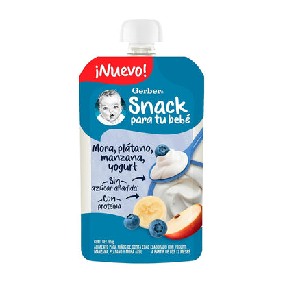 Gerber Snack Para Bebé Pouch, Etapa 4, Mora Azul, Plátano, Manzana y Yogurt, Caja con 12 Pouches de 95 g c/u