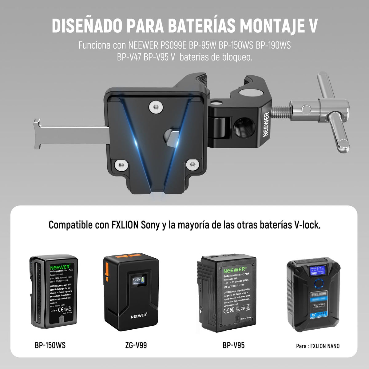 NEEWER Mini V Montaje Placa de Batería con Rosca de 1/4" y Botón de Liberación Rápida, Compatible con FXLION Sony V Montaje de Baterías y Abrazaderas de Varilla de 15mm, PS006