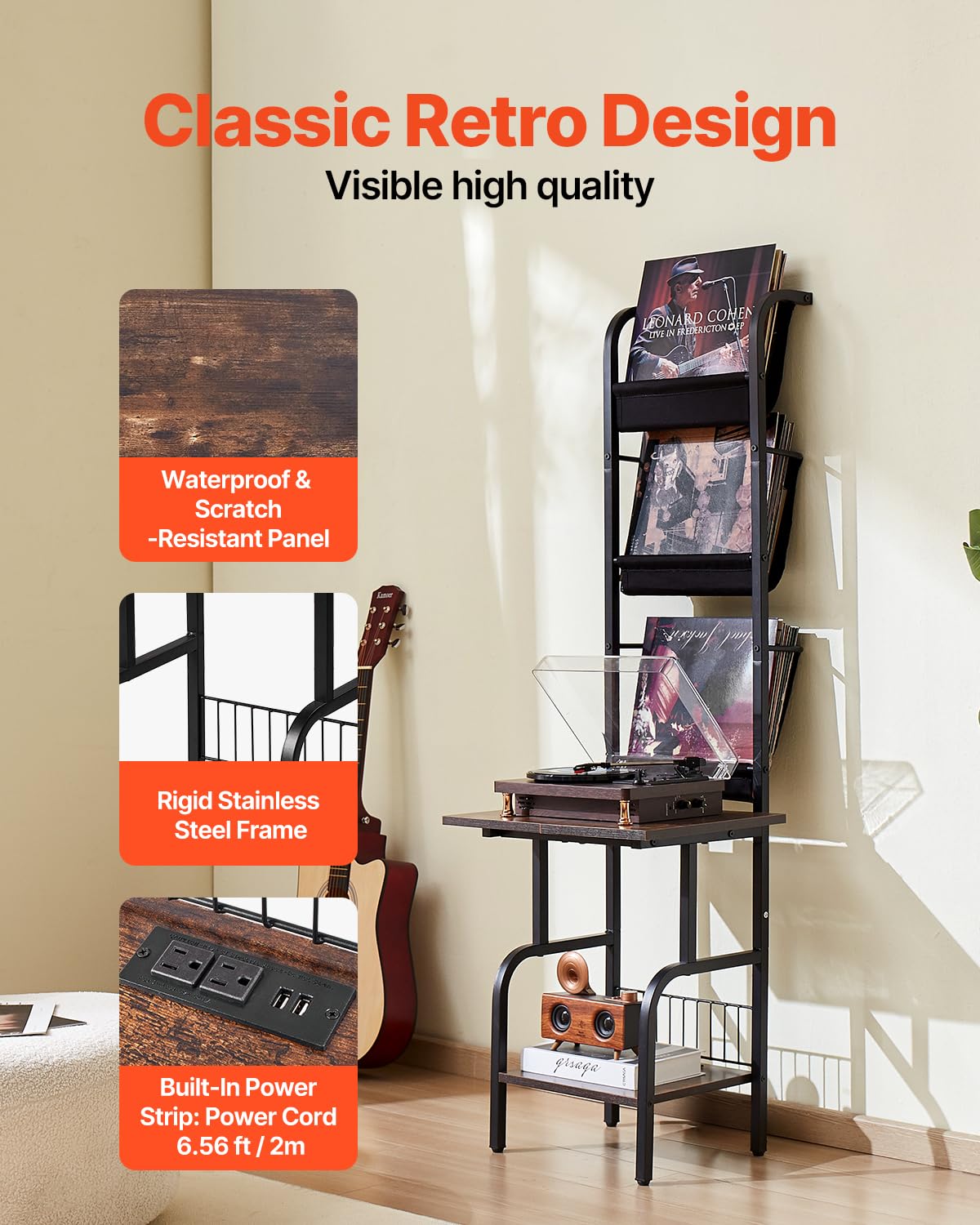 VEVOR - Soporte para Reproductor de grabaciones, 5 Niveles de Alto Disco de Vinilo con estación de Carga y Puertos USB, Capacidad para hasta 200 álbumes, Soporte para Tocadiscos con Estante de