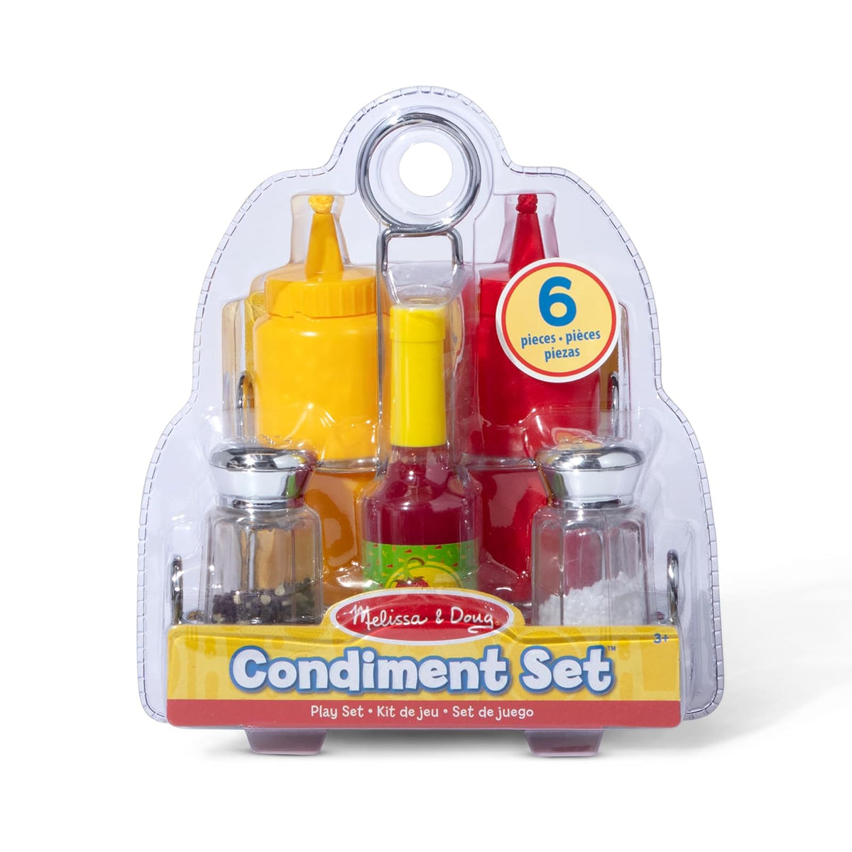 Melissa & Doug ¡Juguemos de Casita! Condimentos de Juguete, Juego de Imitación, Organizador Resistente de Metal, Efectos de Sonido Realistas, 6 Piezas