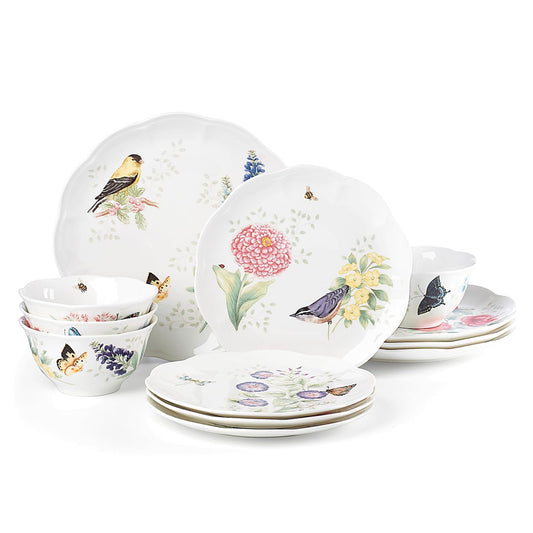 Lenox Vajilla Butterfly Meadow Flutter 12 Piezas para 4 Comensales, Porcelana Blanca, Diseños de Aves, Apta para Microondas