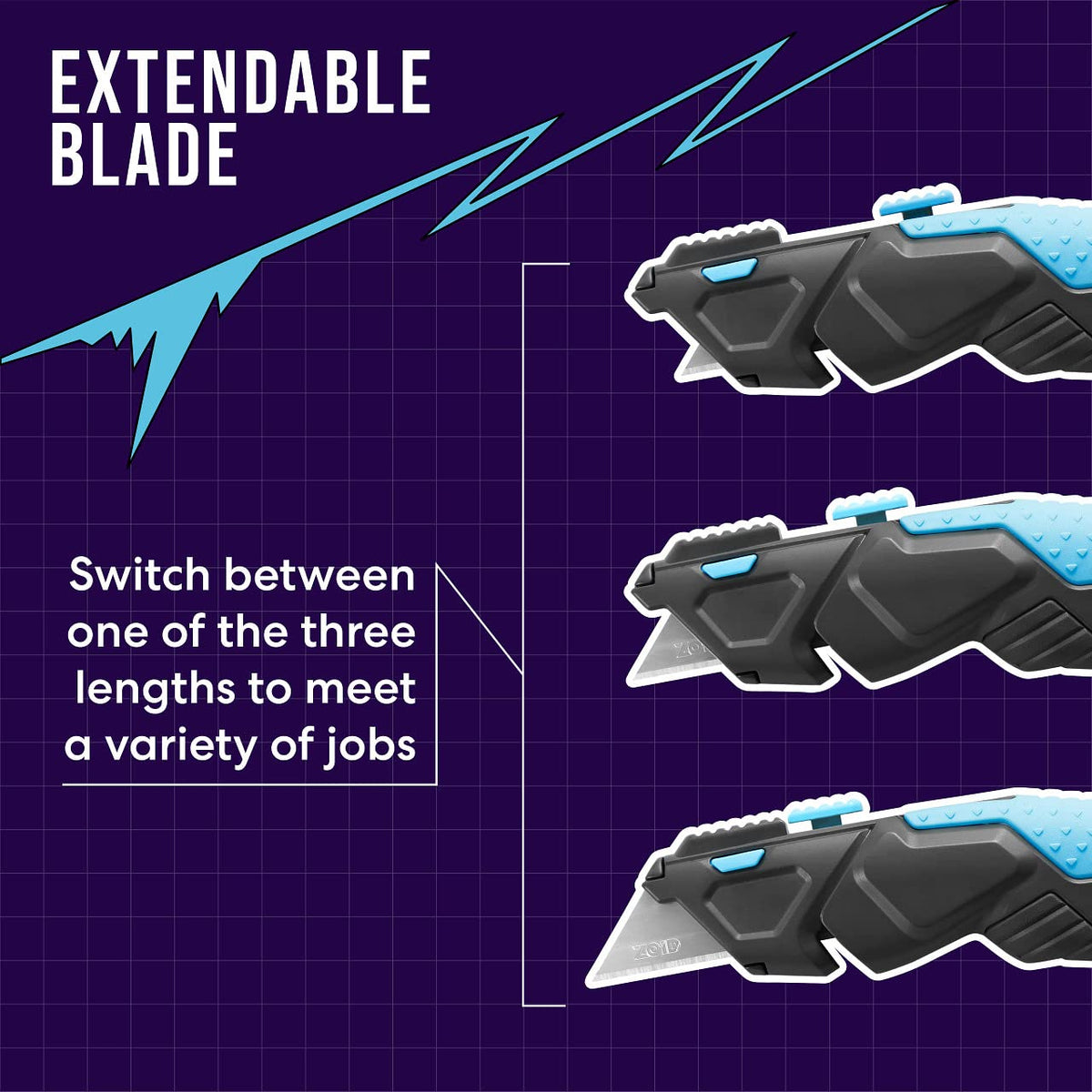 Zoid Cuchillo de Utilidad Ajustable 3 en 1 | Contorneado, agarre TraX-Grip, hoja extensible, mosquetón, 5 cuchillas incluidas
