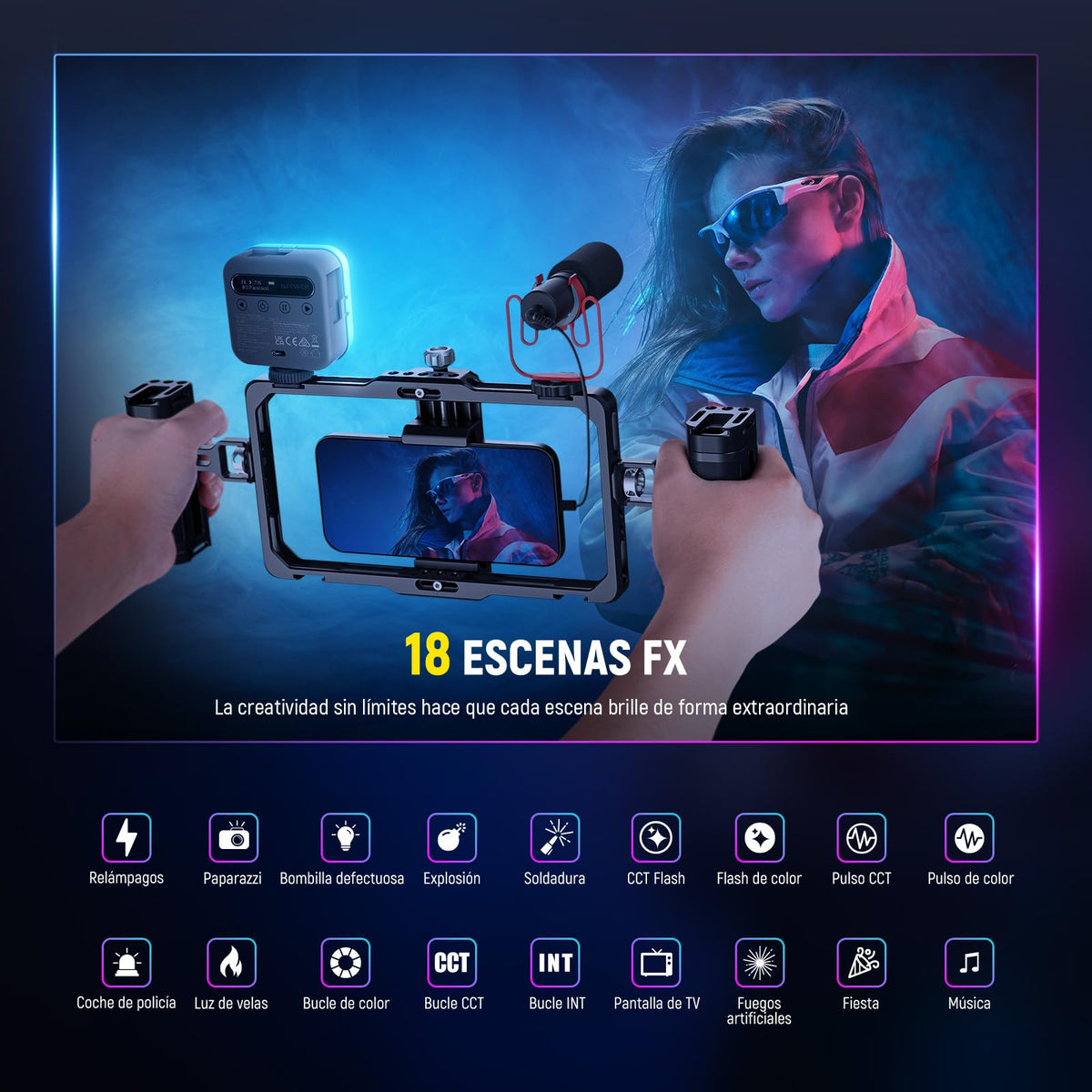 NEEWER Básico Luz Vídeo RGB Magnética Mini Luz Cámara 360° Todo Color CRI96+ 2500-9000K 18 Escenas 3 Zapatos Fría y 1/4" 2000mAh Portátil Recargable para Selfie/Trípode Fotografía Iluminación, BL60C
