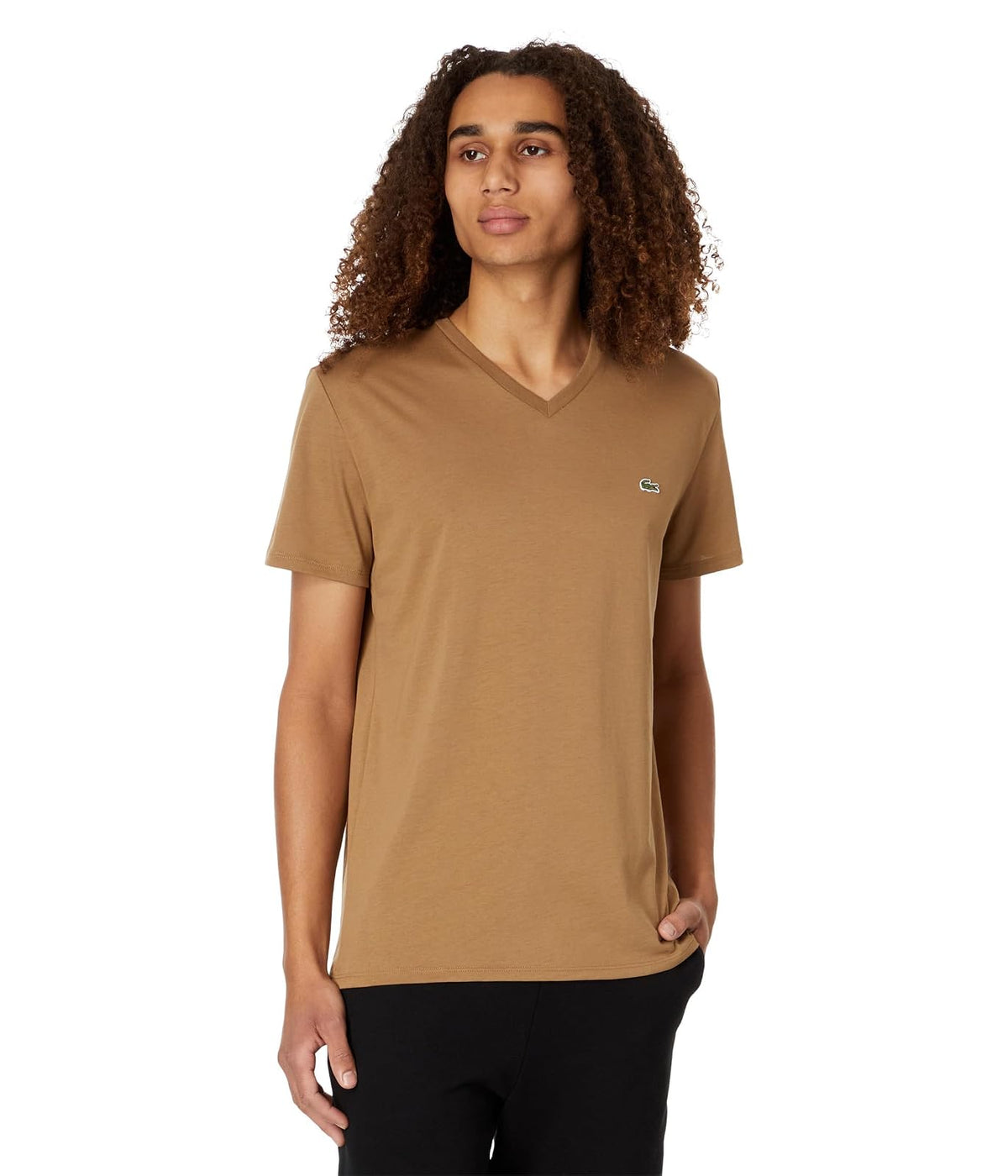 Lacoste Mens Short Sleeve V-Neck Pima Cotton Jersey T-Shirt - XS - Cookie