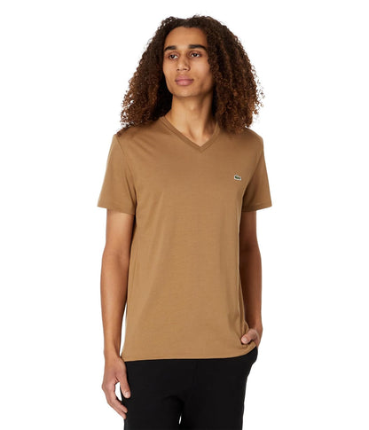 Lacoste Mens Short Sleeve V-Neck Pima Cotton Jersey T-Shirt - XS - Cookie