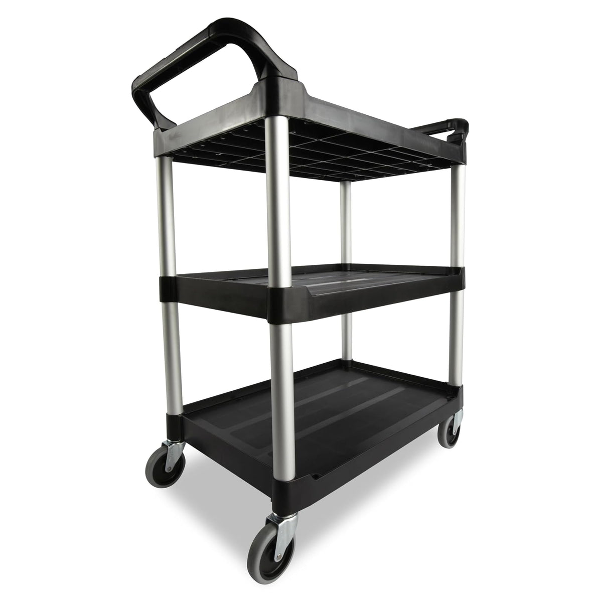 Rubbermaid Commercial Products (FG330400CLR) servicio de rodamiento de 3 estantes, servicio de utilidad/carrito de empuje, 90 libras. Capacidad, Negro, para servicio de comida/restaurante/limpieza