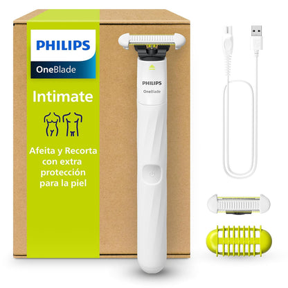 Philips OneBlade Intimate Afeitadora y Recortadora para Zonas Íntimas | Mayor protección en áreas sensibles | Mujer | 2 cuchillas SkinProtect + Peine Corporal | Zonas íntimas y axilas | QP1924/50