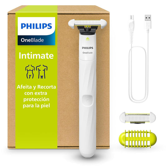 Philips OneBlade Intimate Afeitadora y Recortadora para Zonas Íntimas | Mayor protección en áreas sensibles | Mujer | 2 cuchillas SkinProtect + Peine Corporal | Zonas íntimas y axilas | QP1924/50