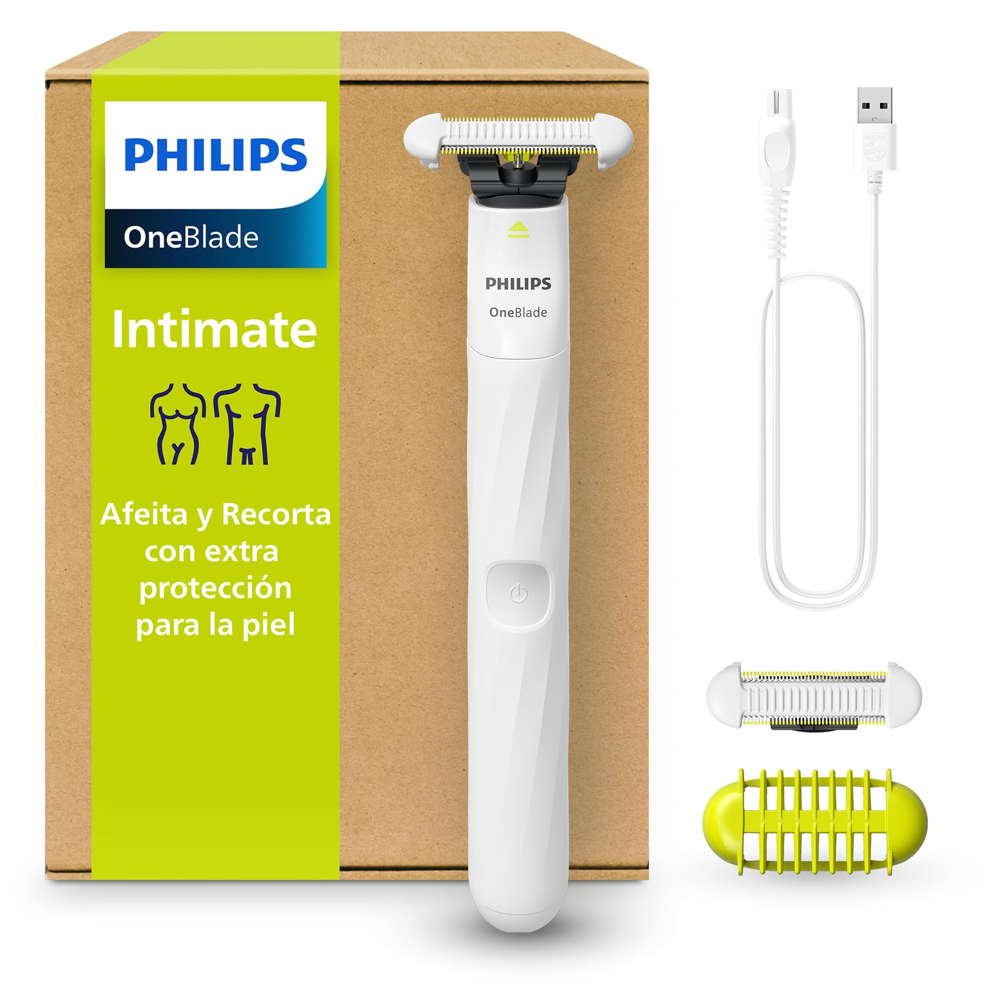 Philips OneBlade Intimate, Rasuradora y recortadora para las zonas íntimas y axilas, para hombre y mujer, con 2 cuchillas SkinProtect contra cortes y rasguños, QP1924/50