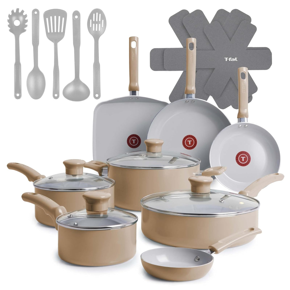T-fal Ceramic Refresh Batería de Cocina de Aluminio 20 Piezas - Beige Arena - Juego de 20 piezas