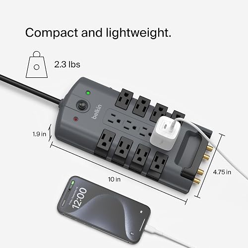 Belkin BP112230-08 Supresor de Picos Enchufe de Pivote, 12 Salidas, 4320J, 2.4 metros, Gris
