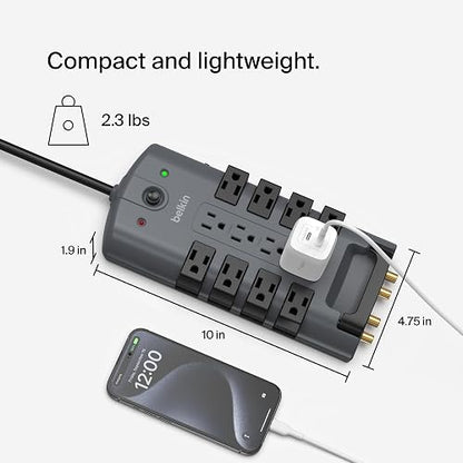 Belkin BP112230-08 Supresor de Picos Enchufe de Pivote, 12 Salidas, 4320J, 2.4 metros, Gris