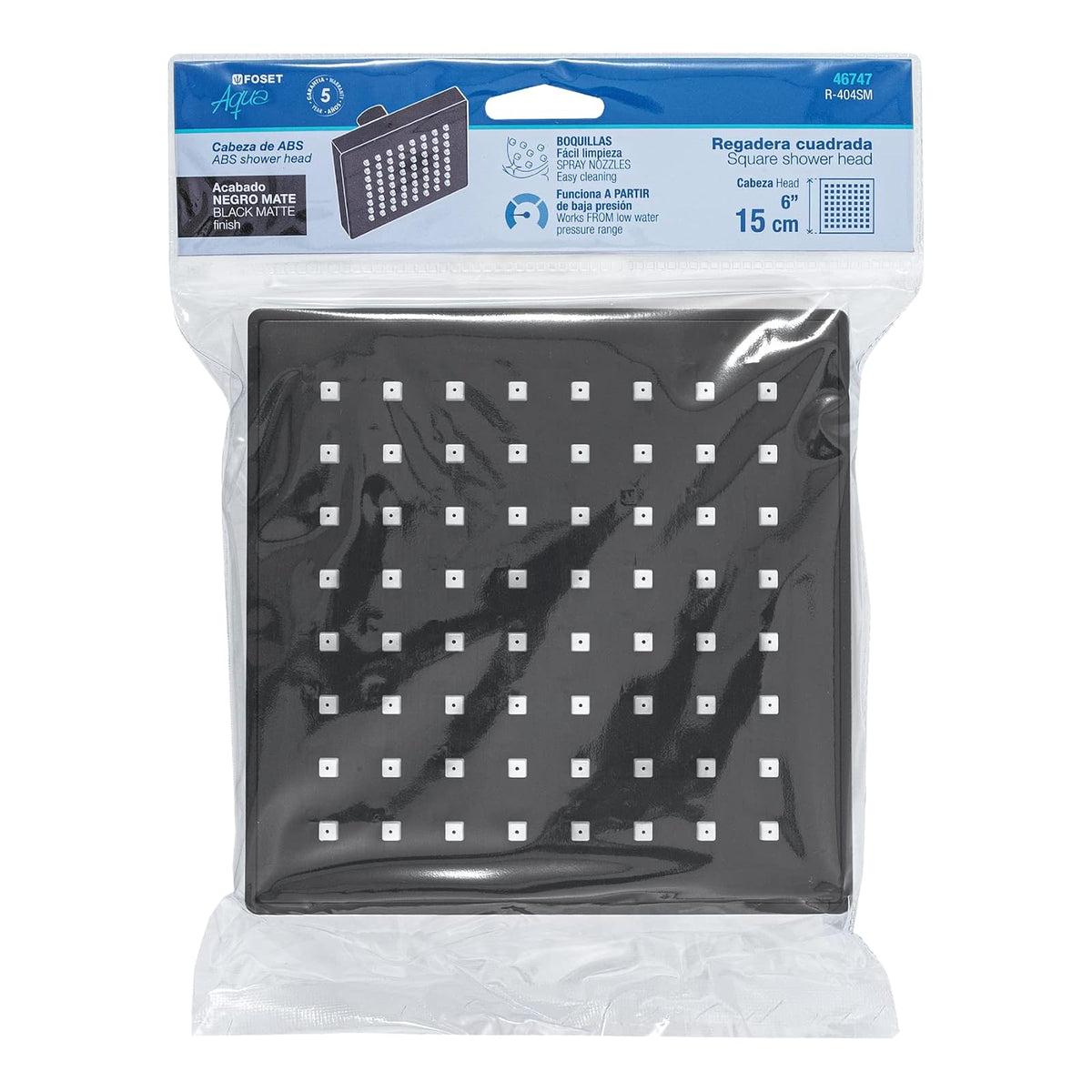 Foset Aqua R-404SM Regadera cuadrada ABS 6" acabado negro mate sin brazo