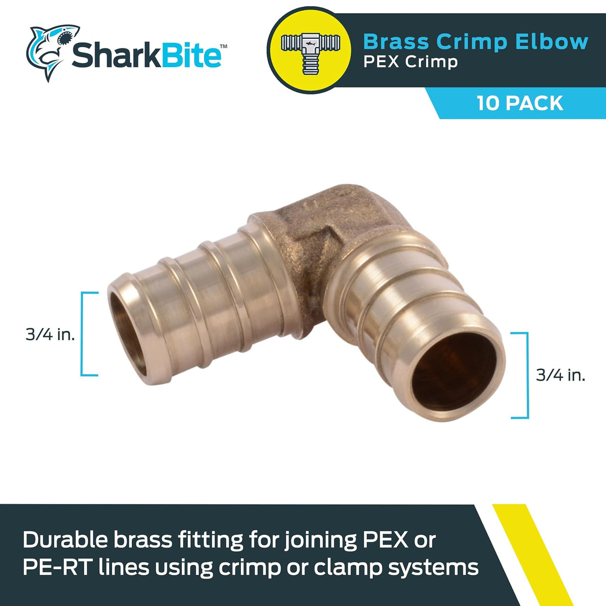 SharkBite Codo de 90 grados de 90 grados, paquete de 10, ajuste de fontanería de latón, tubo PEX, PE-RT, UC256LFA10