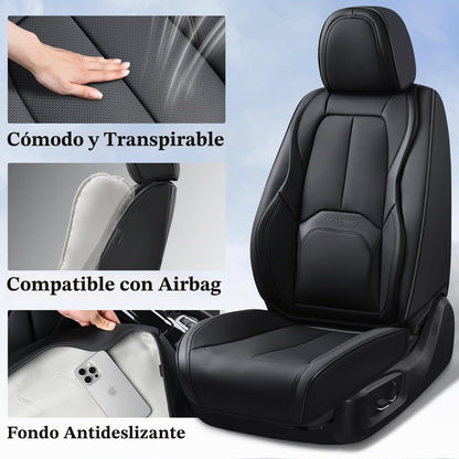 Coverado Juego Completo de Fundas de Asiento de Piel Napa Negro, Impermeables con Soporte Lumbar, Ajuste Universal