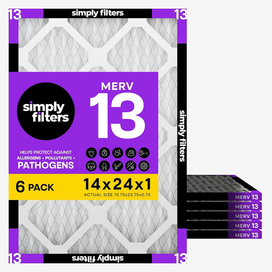 Simply - Filtro de aire de 14 x 24 x 1, Merv 13, MPR 1500, paquete de 6, para horno de aire acondicionado doméstico y HVAC (tamaño real: 13.7 x 23.8 x 0.75 pulgadas), control de polvo, mascotas y