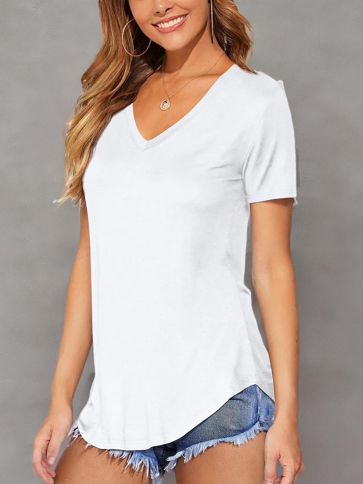 DittyandVibe - Playera de Manga Larga y Corta con Cuello en V y Dobladillo Curvado para Mujer