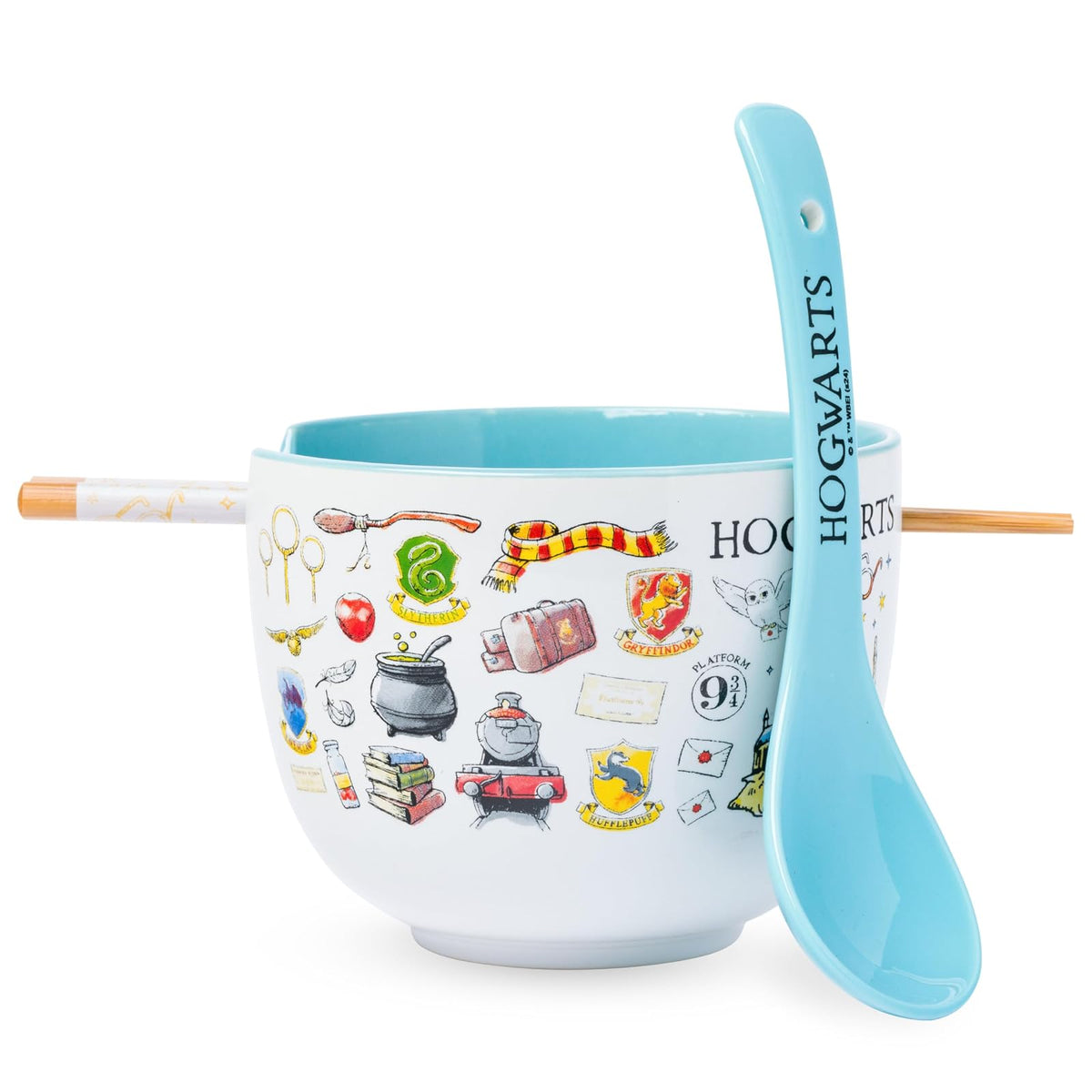 Silver Buffalo Harry Potter Hogwarts Destination - tazón de cerámica de ramen de 20 onzas con palillos y cuchara