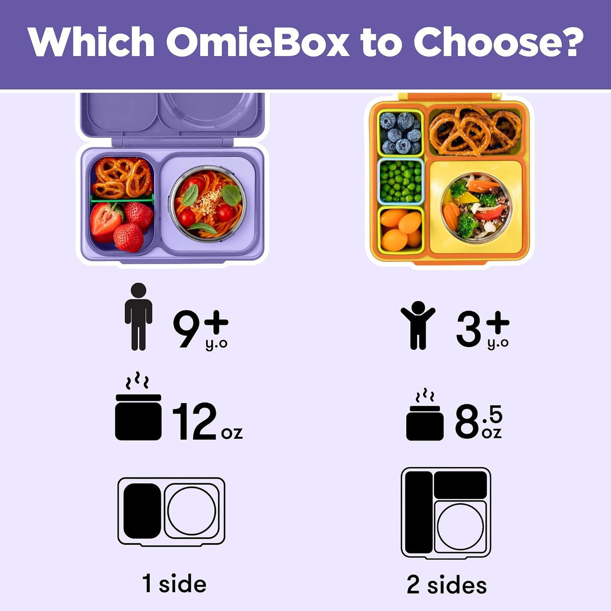 Omie OmieBox UP Bento Box para niños, lonchera aislada, tarro térmico de alimentos aislado al vacío a prueba de fugas, bolsa de hielo más fría, 2 compartimentos (morado galaxia)