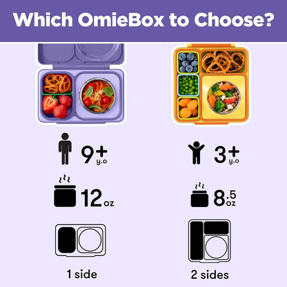 Omie OmieBox UP Bento Box para niños, lonchera aislada, tarro térmico de alimentos aislado al vacío a prueba de fugas, bolsa de hielo más fría, 2 compartimentos (morado galaxia)