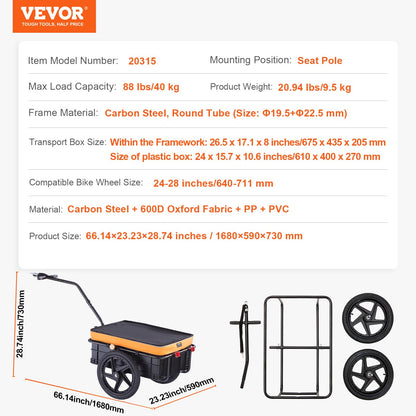 VEVOR - Remolque de carga para bicicleta, capacidad de carga de 39.9/45.4/160 libras, carro de bicicleta resistente, almacenamiento compacto plegable con enganche universal