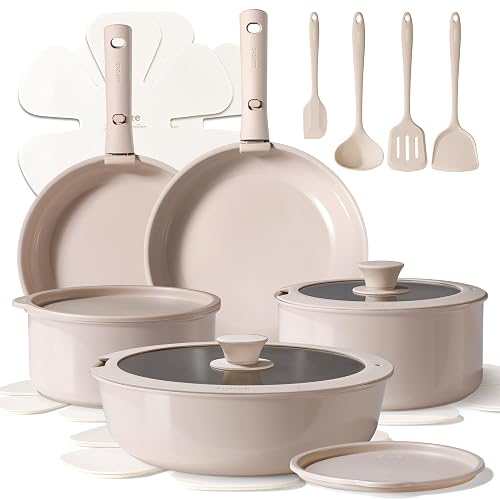 CAROTE – Batería de Cocina 19 Piezas, Ollas y Sartenes Antiadherentes de Cerámica, Mango Desmontable, Color Gris Topo