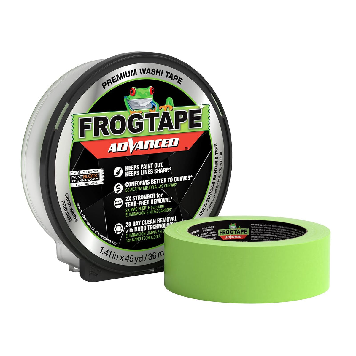 FrogTape - Cinta de pintor avanzada, 1.5 pulgadas de ancho (1.41 pulgadas x 45 yardas), cinta multisuperficie con bloque de pintura, se adapta alrededor de curvas y contornos, extraíble sin desgarros,