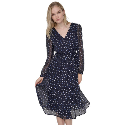 DKNY Long Sleeve V-Neck Tie Waist Midi Dress Vestido Mujer
