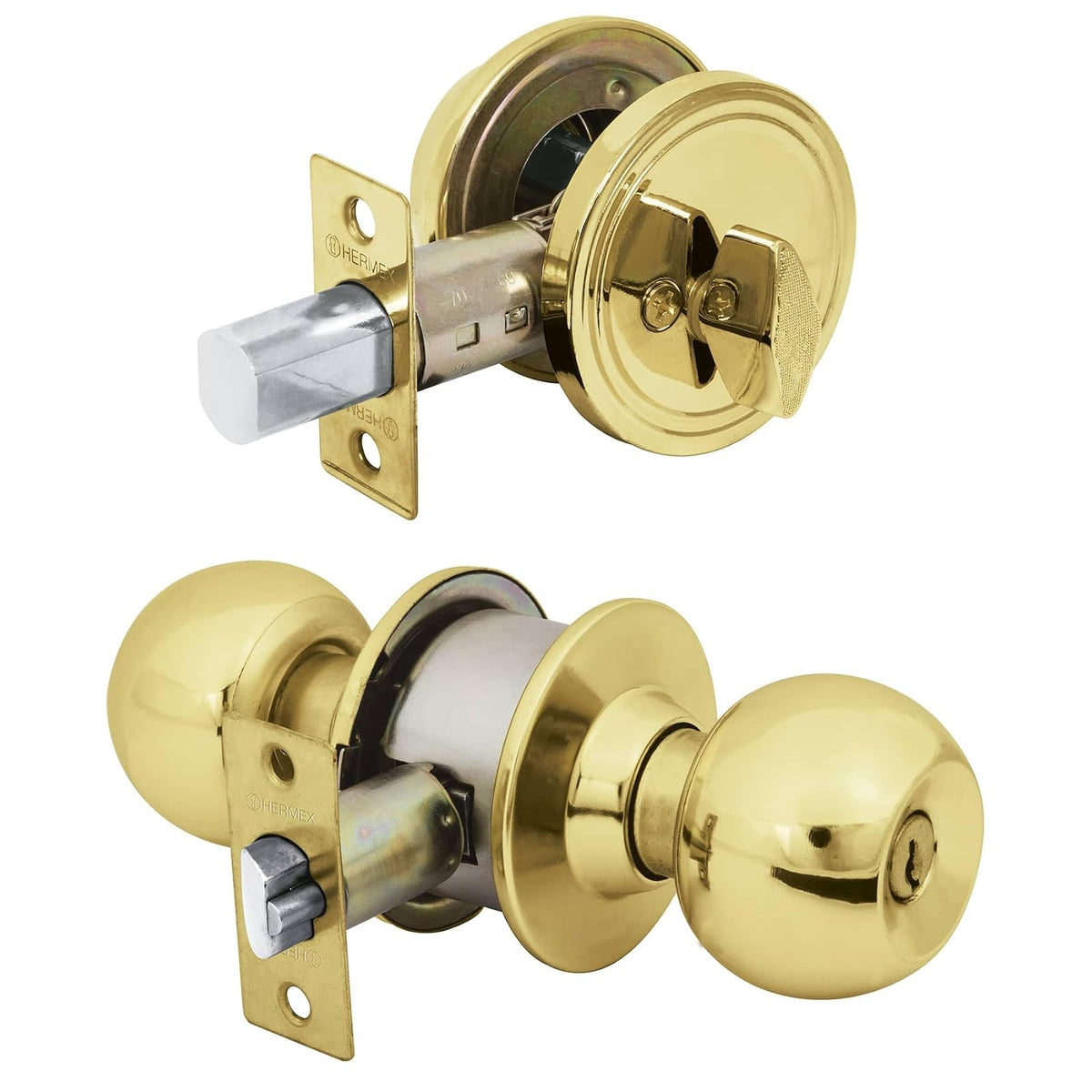 Hermex Combo de Cerraduras para Puerta CMB-62P - Latón brillante - Llave-mariposa