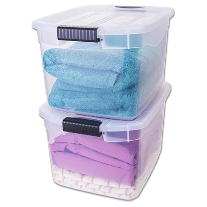 JOY - Caja de Almacenamiento Apilable, Pack de 2, para Organizador Armario, Juguetes, Ropa, con Broche y Tapa Duradera, 29 Litros de Capacidad, Plástico Libre de BPA, Transparente