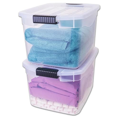JOY - Caja de Almacenamiento Apilable, Pack de 2, para Organizador Armario, Juguetes, Ropa, con Broche y Tapa Duradera, 29 Litros de Capacidad, Plástico Libre de BPA, Transparente