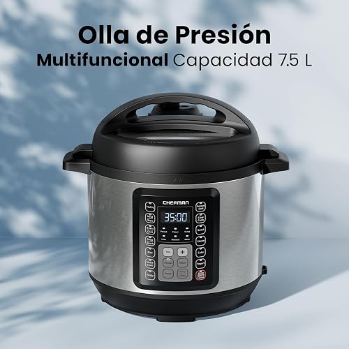 Chefman Olla a Presión Multifuncional de 7.5 Litros, Olla Eléctrica de Acero Inoxidable de 1200W, 14 Funciones Preestablecidas con Panel Digital, Incluye Accesorios