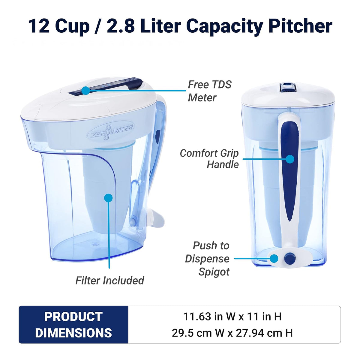Zero ZeroWater ZD-012RP, jarra lista para verter de 12 tazas con medidor TDS gratuito (sólidos disueltos totales)