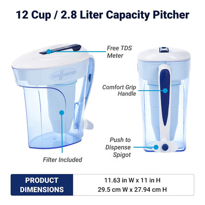 Zero ZeroWater ZD-012RP, jarra lista para verter de 12 tazas con medidor TDS gratuito (sólidos disueltos totales)