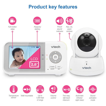 VTech VM923 Monitor de vídeo para bebé con batería de 19 horas, alcance de 305 m de largo, zoom panorámico, visión nocturna mejorada, pantalla de 2.8 pulgadas, conversación de audio de 2 vías, sensor de temperatura, modo de ahorro de energía y canciones d