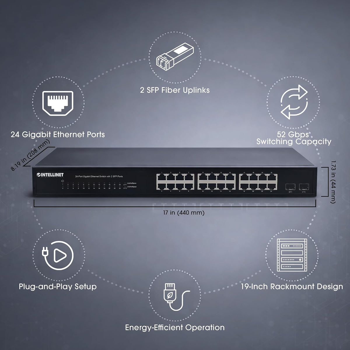 Switch Ethernet 24 Puertos Gigabit con 2 SFP, Conmutador de Red 10/100/1000 para Rack 19 Pulgadas, Network Switch para Servidor, Router, 52 Gbps Intellinet 561044