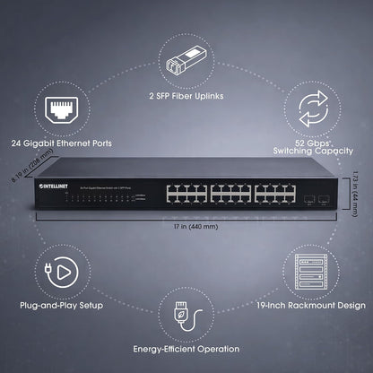 Switch Ethernet 24 Puertos Gigabit con 2 SFP, Conmutador de Red 10/100/1000 para Rack 19 Pulgadas, Network Switch para Servidor, Router, 52 Gbps Intellinet 561044