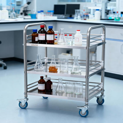 VEVOR Carro de Laboratorio de Acero Inoxidable 3 Niveles con Ruedas Bloqueables, Bandeja de Almacenamiento Móvil Resistente para Hospitales, Restaurantes, Cocinas, Salones, 615 x 410 x 870 mm