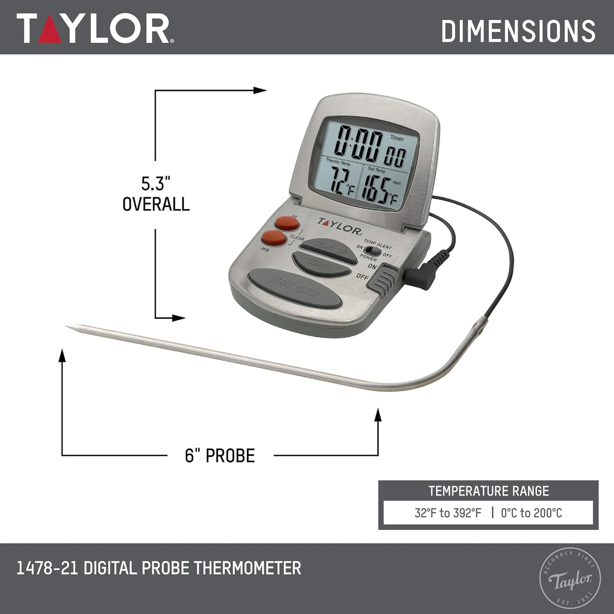 Taylor Precision Products - Termómetro digital con sonda y temporizador