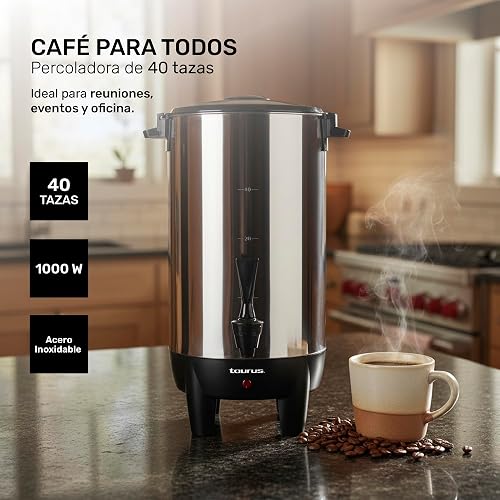 TAURUS COLUMBA | Cafetera Percoladora 40 Tazas 4.5L de Acero Inoxidable | Mantiene Café Caliente | Dispensador con Una Mano | Filtro Reutilizable | Ideal para Eventos, Oficina y Negocio