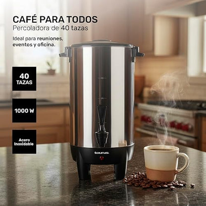 TAURUS COLUMBA | Cafetera Percoladora 40 Tazas 4.5L de Acero Inoxidable | Mantiene Café Caliente | Dispensador con Una Mano | Filtro Reutilizable | Ideal para Eventos, Oficina y Negocio