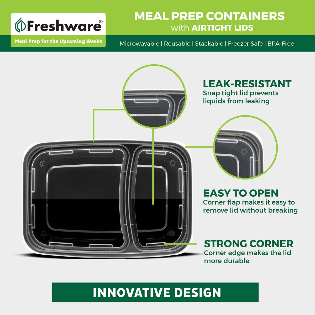 Freshware - Recipientes para preparación de comidas (15 unidades), 2 compartimentos con tapas, caja bento, sin BPA, apilables, aptos para microondas/lavaplatos/congelador (32 onzas), negro, 28