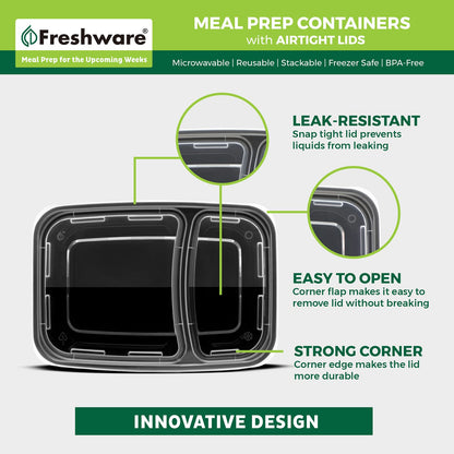 Freshware - Recipientes para preparación de comidas (15 unidades), 2 compartimentos con tapas, caja bento, sin BPA, apilables, aptos para microondas/lavaplatos/congelador (32 onzas), negro, 28