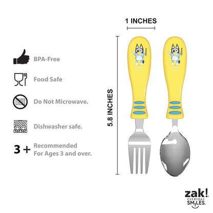 Zak Designs Bluey - Juego de cubiertos para niños con divertido arte de personajes en ambos utensilios, tenedor antideslizante y cuchara es perfecto para animar a los comedores exigentes a terminar