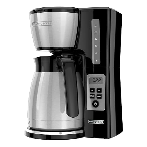 BLACK+DECKER - Cafetera térmica programable de 12 tazas con fuerza de infusión y tecnología VORTEX, color negro y acero